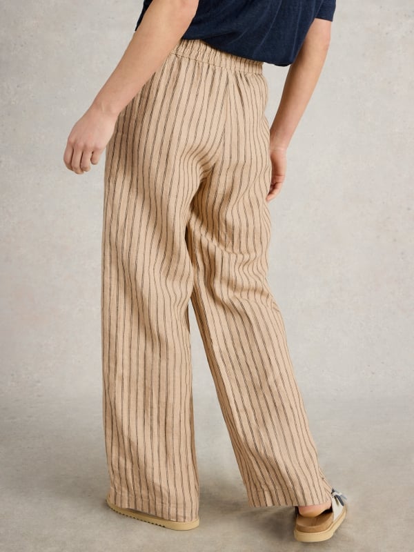 Natural Multi Linen Pinstripe Wide-Leg Trousers