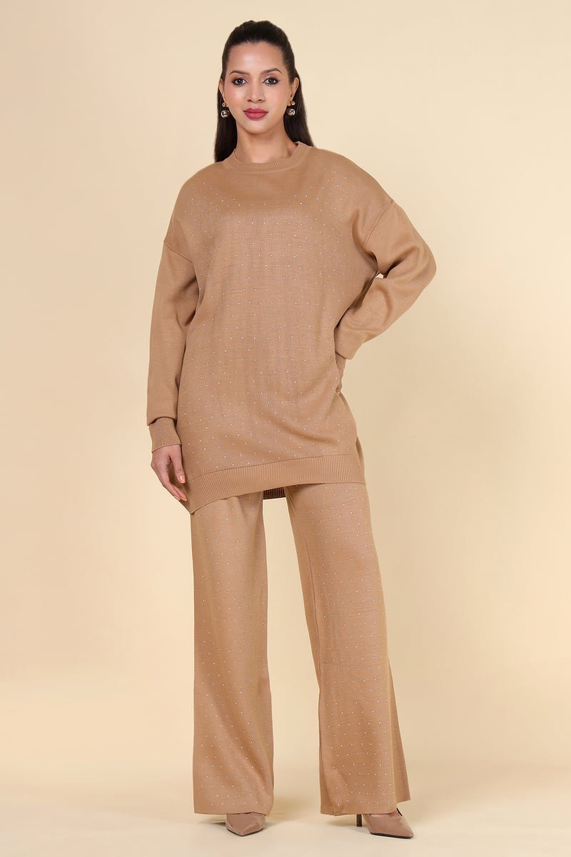 Brown Studded Knit Top and Wide-Leg Pants Co-ord Set