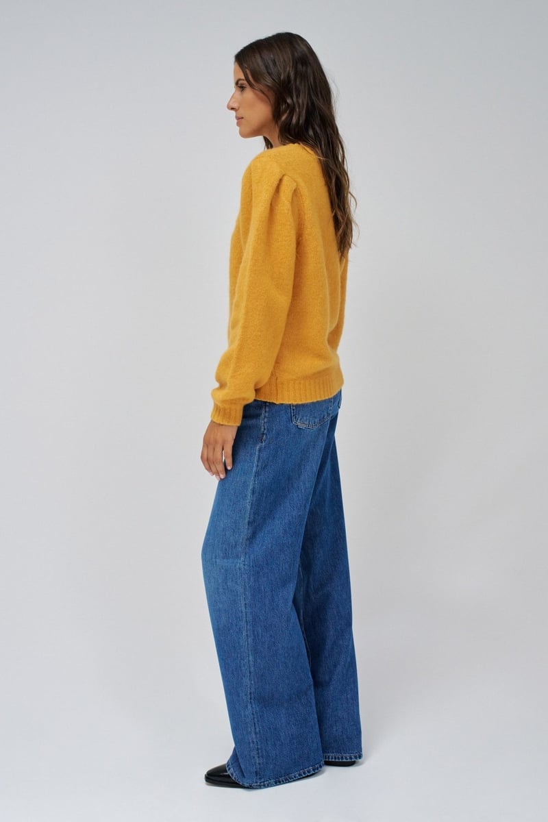 Mustard Crew-Neck Sweater with 3D Floral Appliques