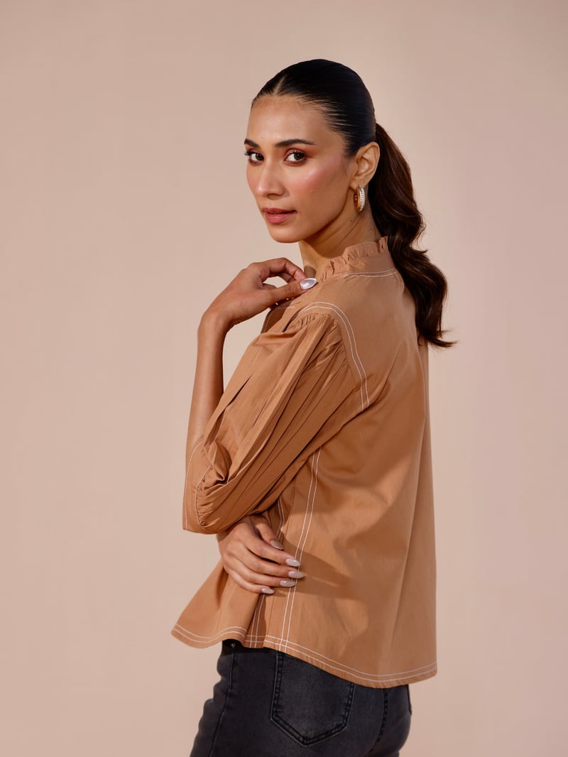 Mocha Cotton Poplin Puff Sleeve Top with Statement Buttons
