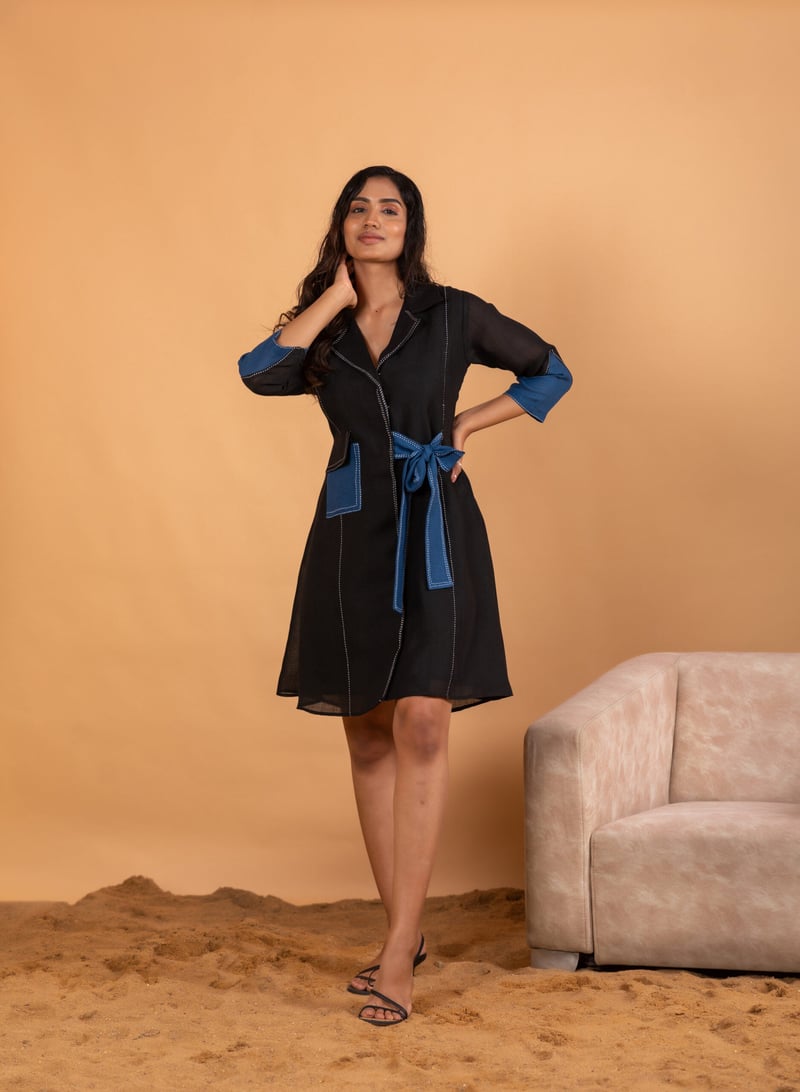Black and Blue Colorblocked Linen-Blend Mini Shirt Dress