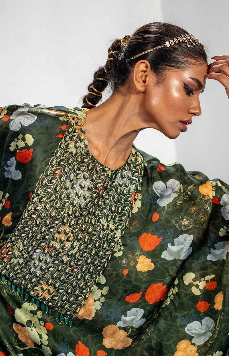 Green Floral Kaftan Kurta Set with Embroidered Yoke