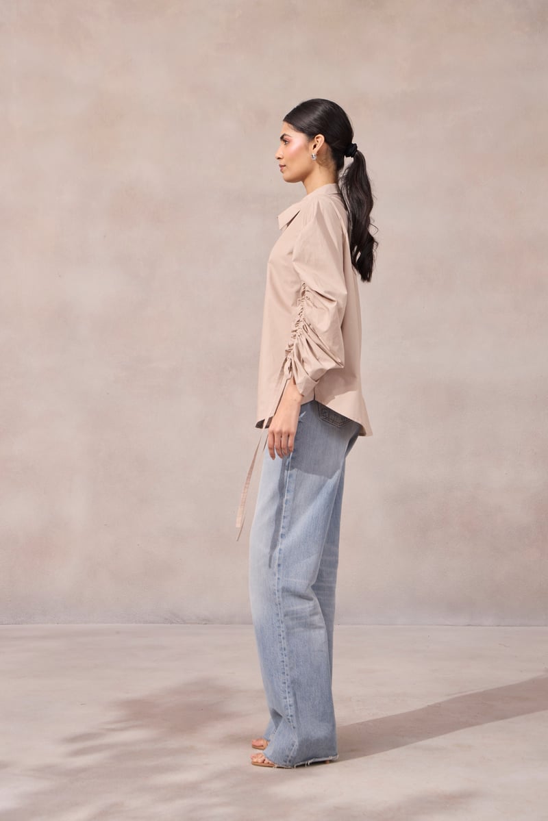 Lavender Zip-Front Shirt with Ruched Sleeves