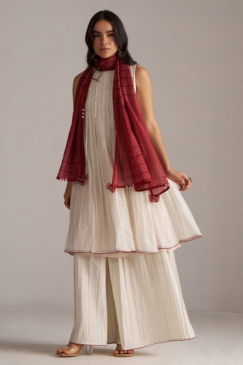 Ivory and Maroon Pure Chanderi A-Line Kurta Set