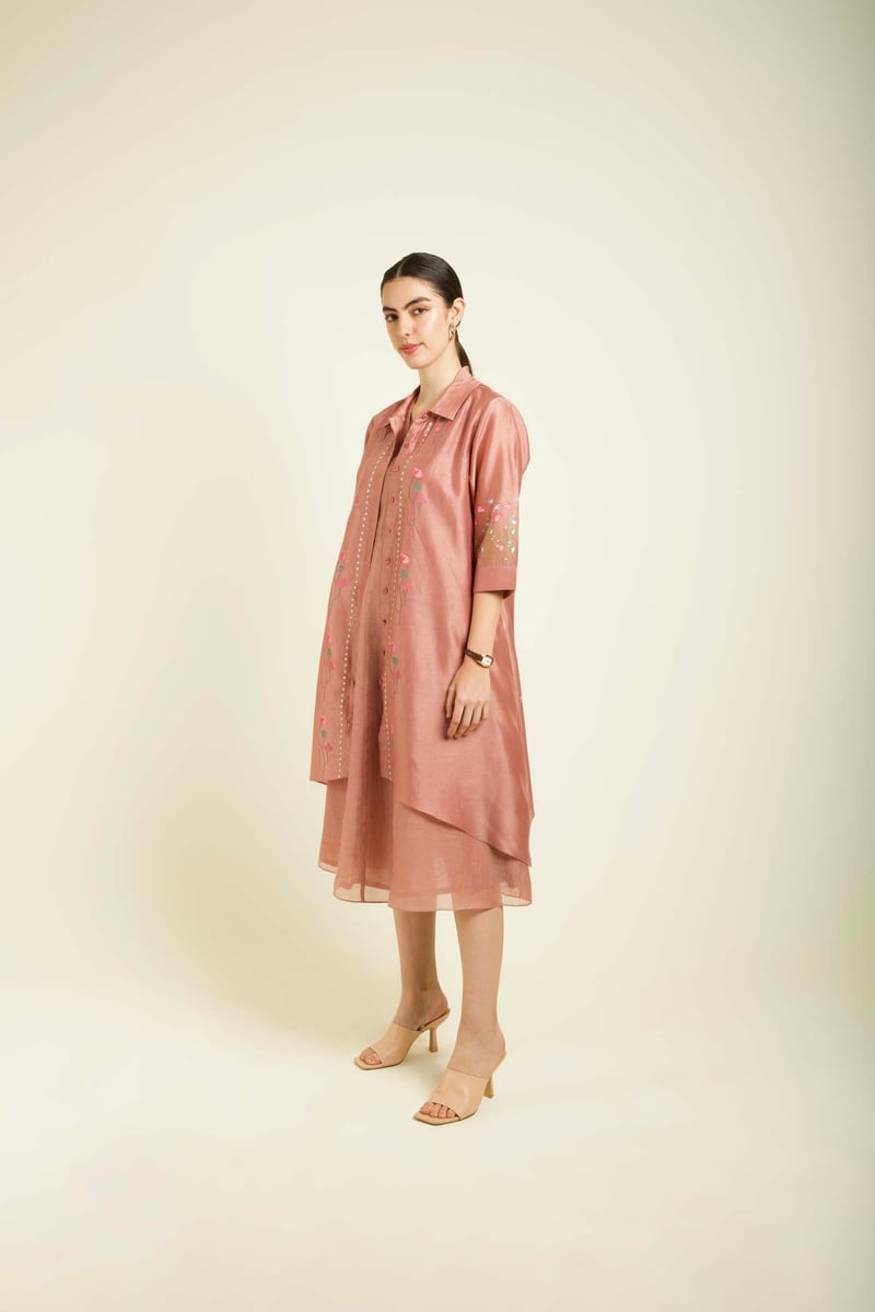 Almond Pink Chanderi Jacket Dress Set