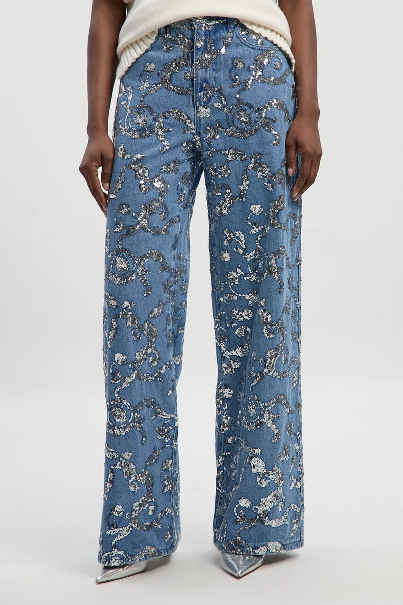 Mid Blue High-Rise Wide-Leg Sequin Jeans