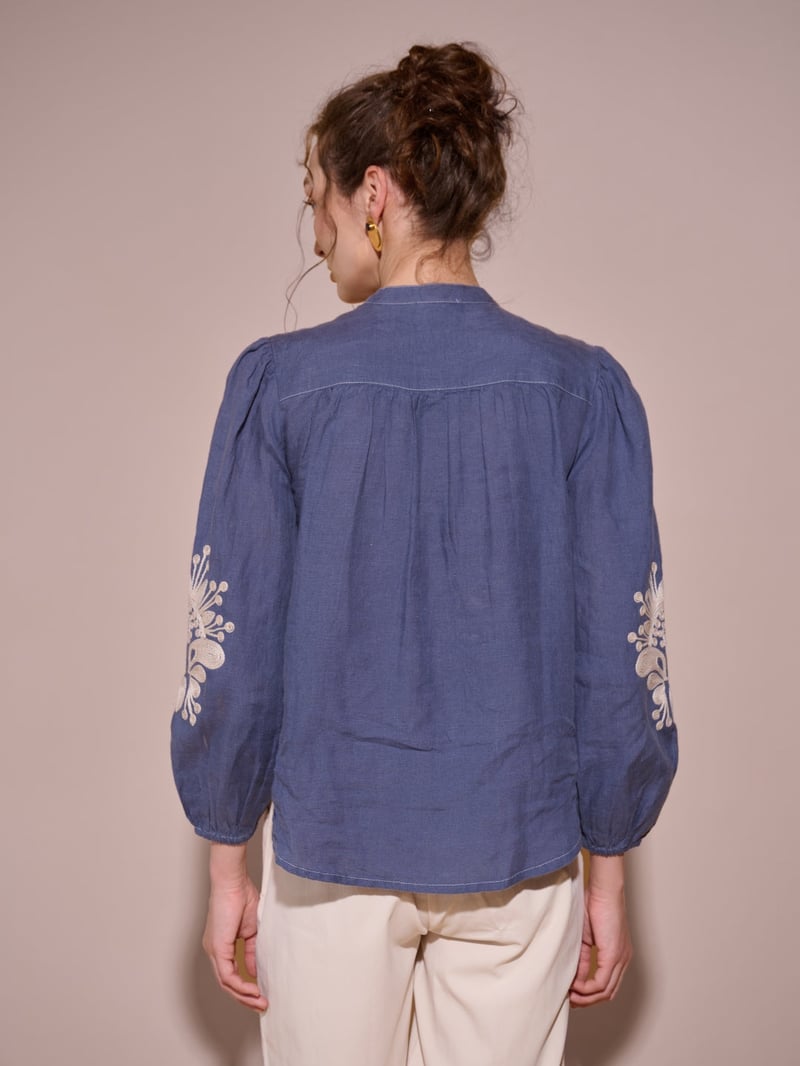 Green Linen Embroidered Mandarin Collar Blouse