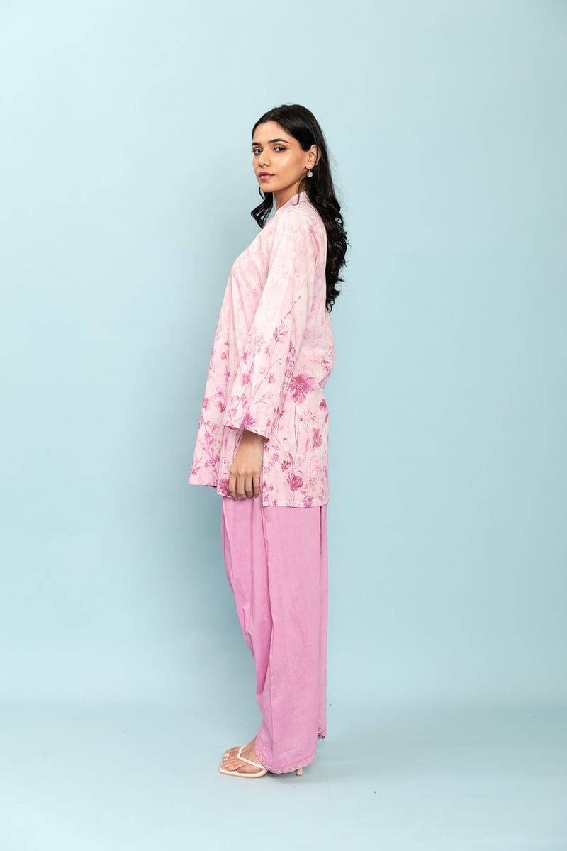 Pastel Pink Floral Printed Cotton Kurta Set with Salwar