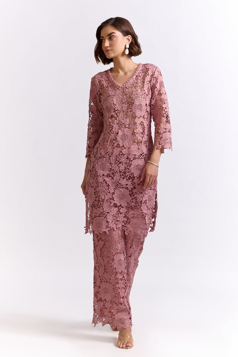 Onion Pink Lace Tunic and Pants Co-ord Set