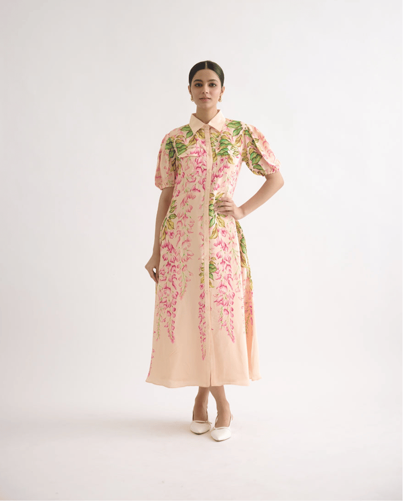 Pink Floral A-Line Midi Shirt Dress with Puff Sleeves — THE FINICKY COLORIST