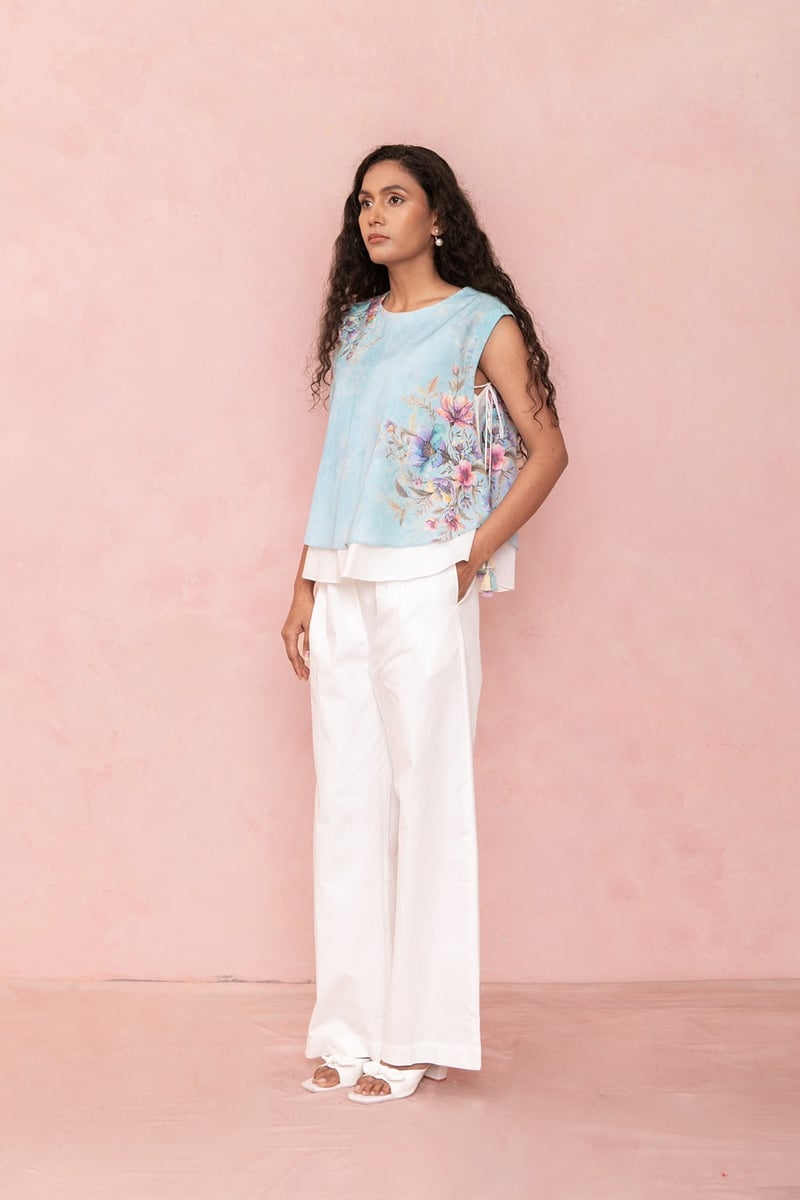 Blue Floral Printed Layered Hem Tunic Top