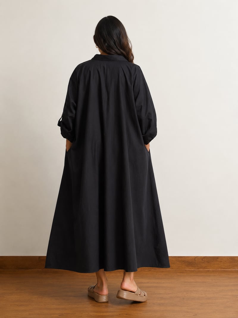 Navy Cotton Poplin Oversized A-Line Midi Dress