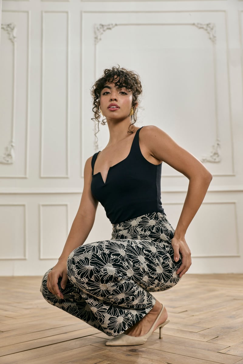 Black Schiffli Embroidered Wide-Leg Cotton Trousers