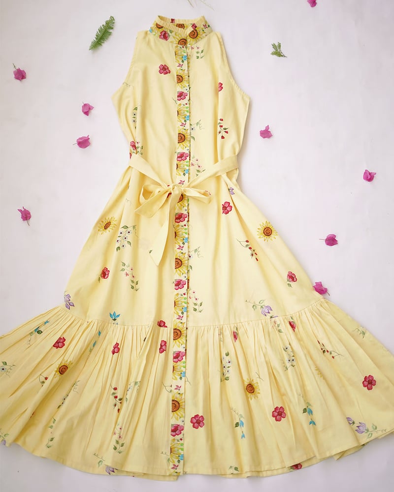 Yellow Floral Printed Tiered Maxi Dress with Waist Tie