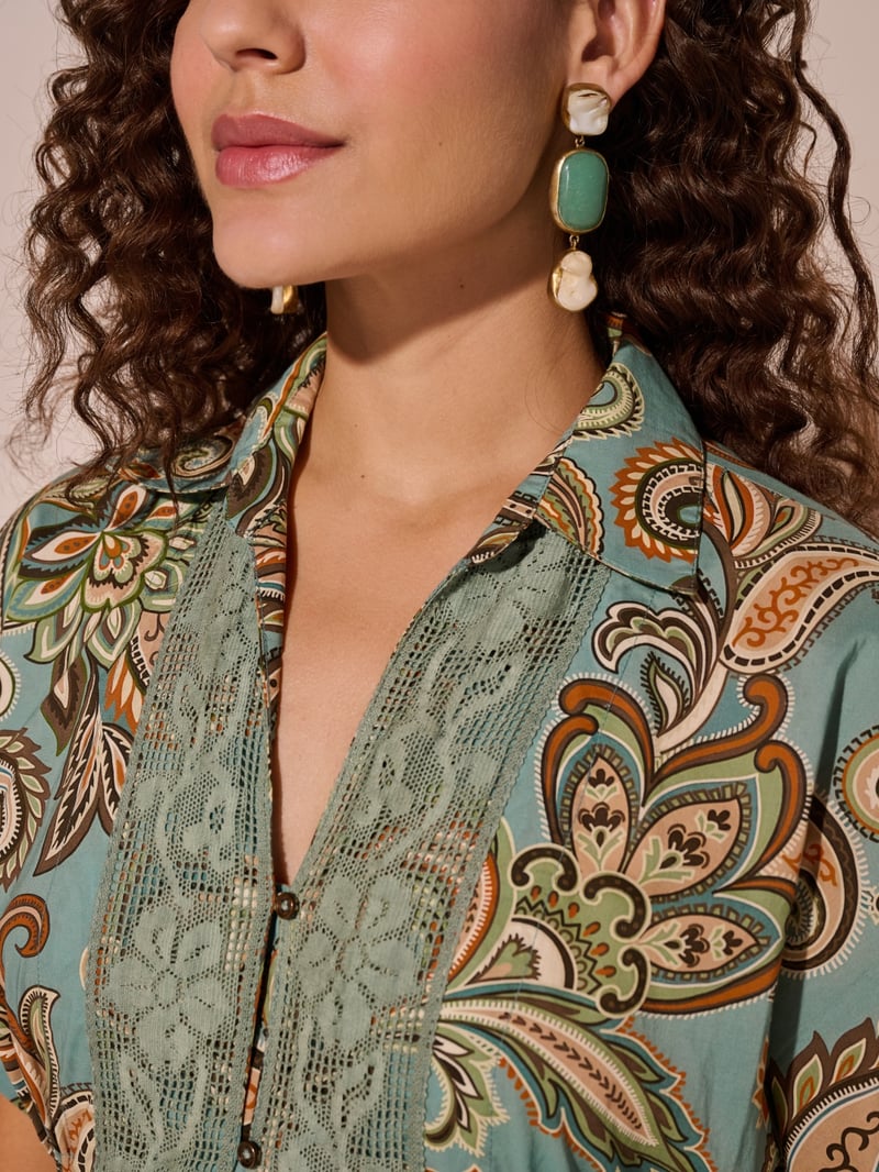 Blue Paisley Print Midi Shirt Dress with Waist Ties