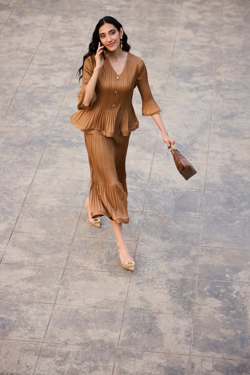 Mocha Pleated Top and Midi Skirt Co-ord Set