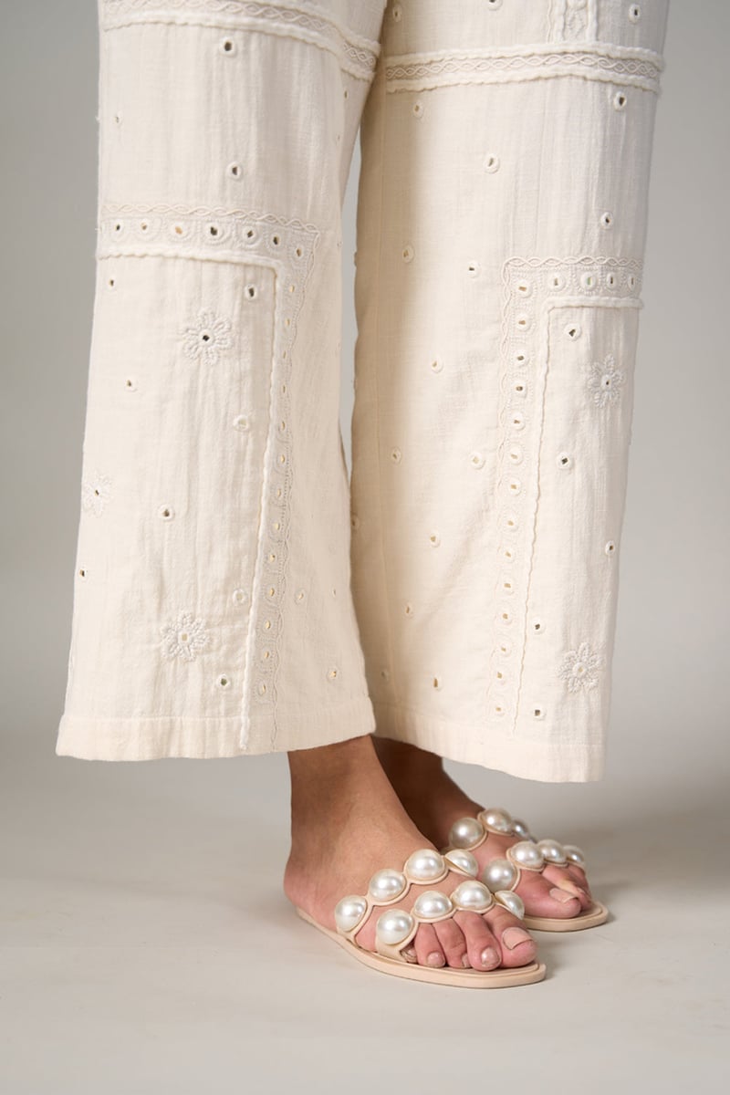 White High-Waist Wide-Leg Mirror Work Pants