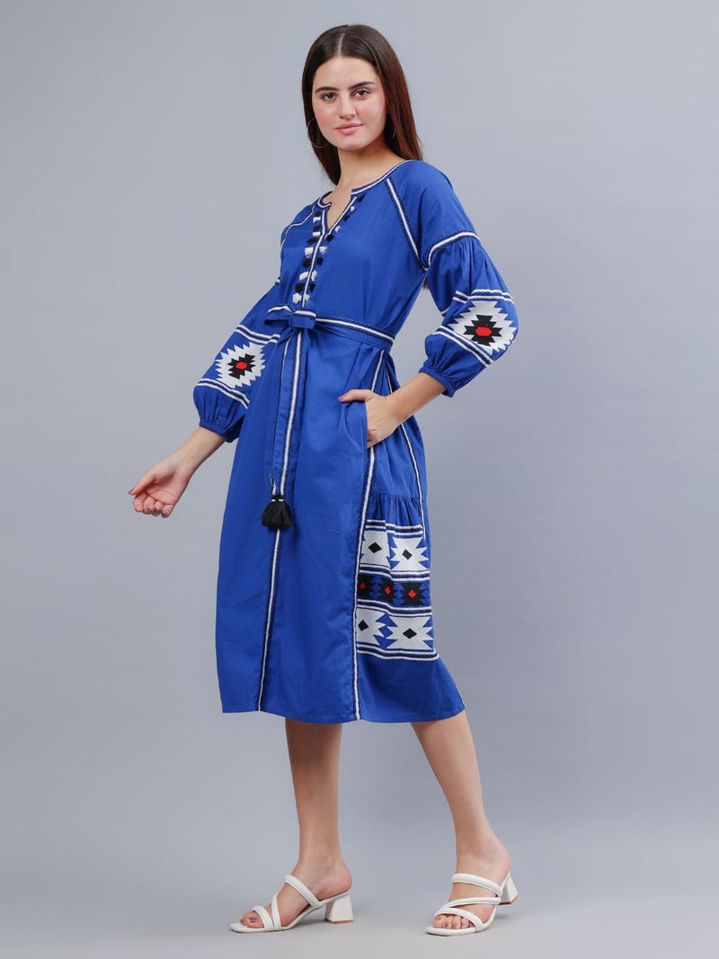 Blue Poplin Belted A-Line Midi Dress with Contrast Panels
