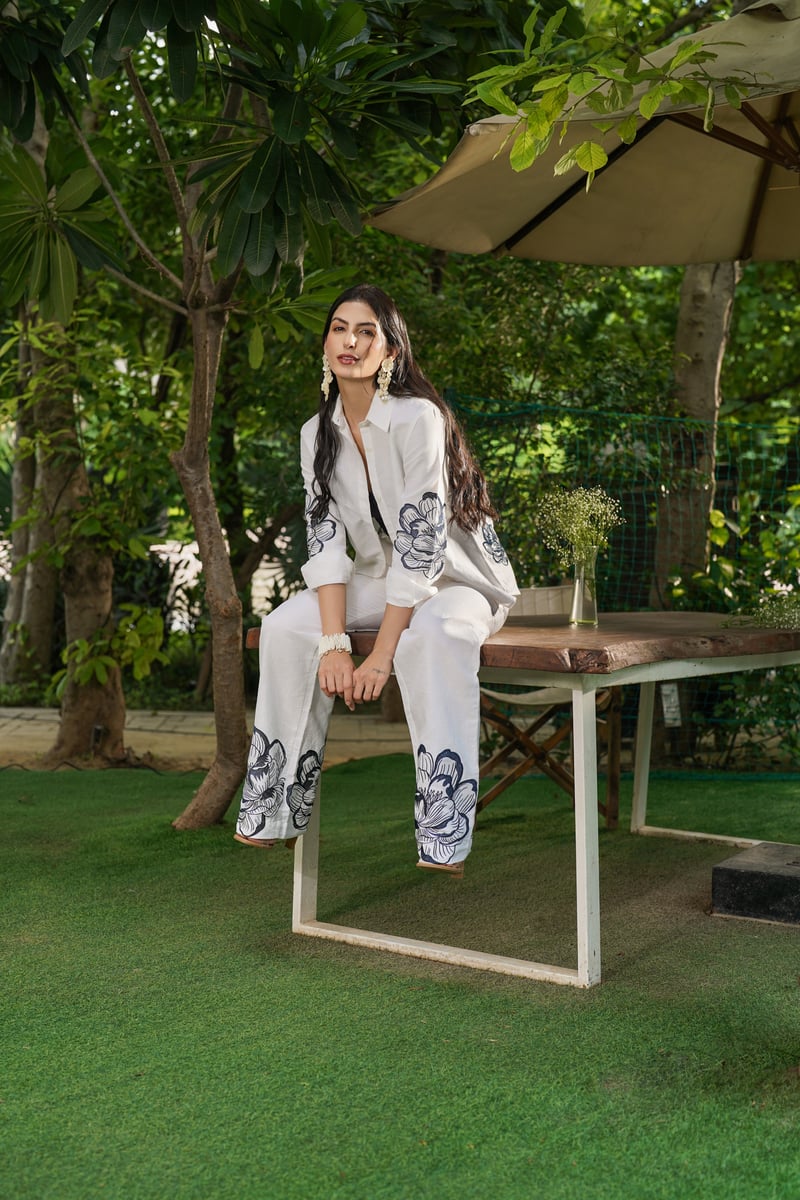 Ivory High-Rise Straight-Leg Trousers with Hem Embroidery