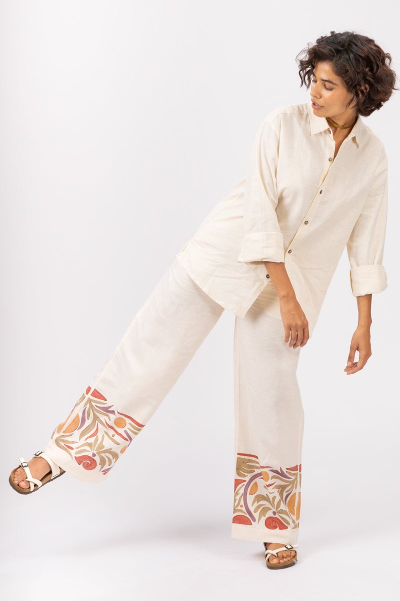 Off-White Cotton-Linen Wide-Leg Trousers with Painted Hem