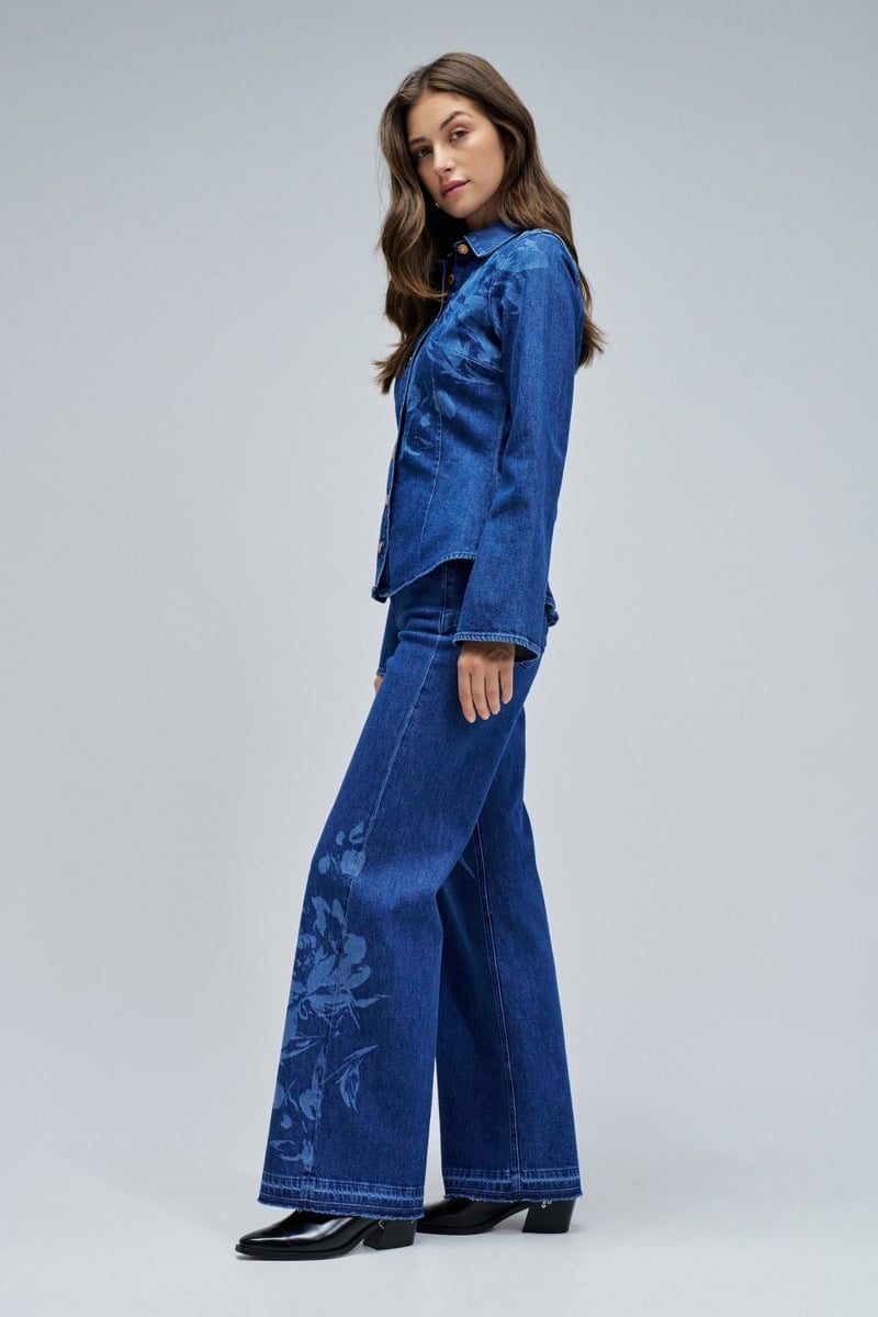 Blue Denim Tonal Floral Button-Down Shirt