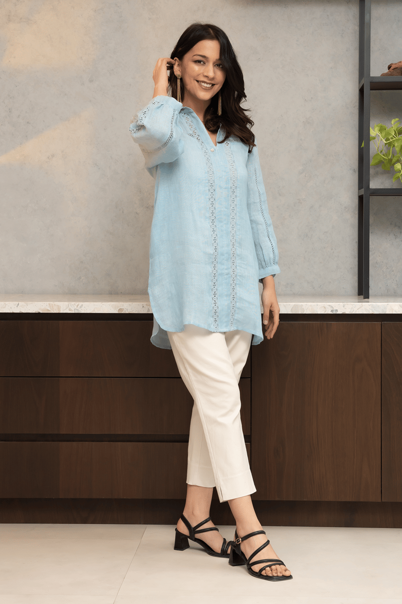 Powder Blue Linen Shirt with Lace and Cutwork Inserts