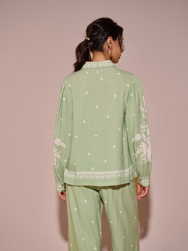 Green Floral Printed Cotton Button-Down Shirt