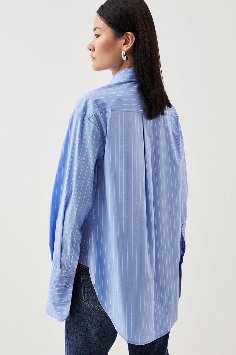 Blue Striped Cotton Shirt with Rosette Tie Neck