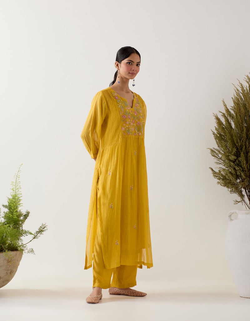 Mustard Chanderi Embroidered Yoke Kurta Set