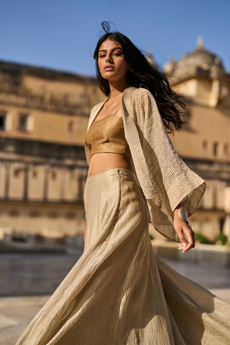 Gold Metallic Tissue Shrug with Draped Lapel Collar