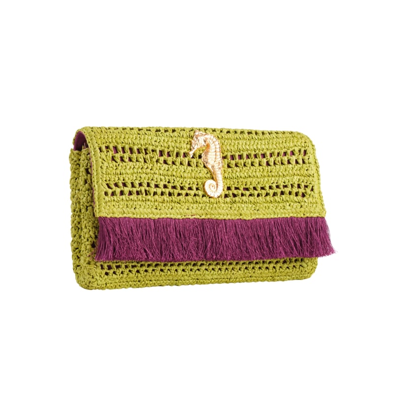 JENA Poppy Green Slim Raffia Clutch with Gold Emblem