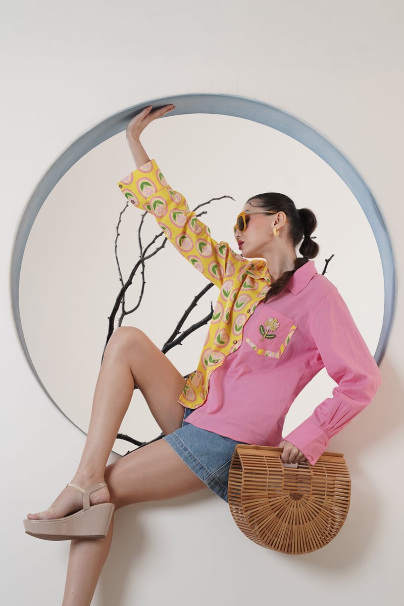 Yellow Pink Colorblock Floral Print Button-Down Shirt