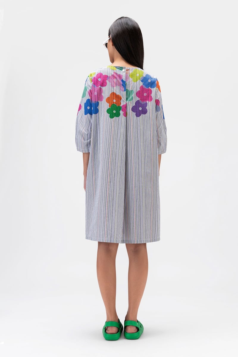 Multicolor Stripe and Floral A-Line Knee-Length Dress