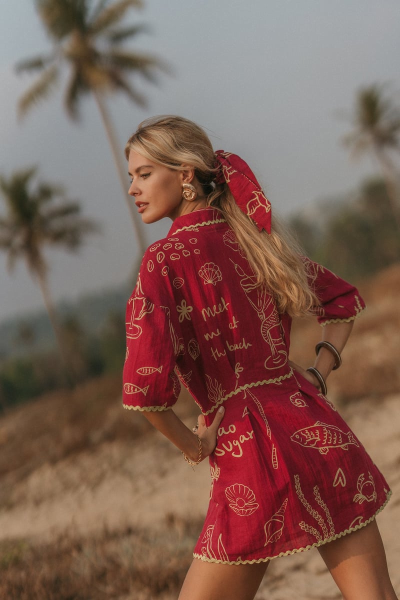 Green Linen Printed Button-Down Mini Shirt Dress