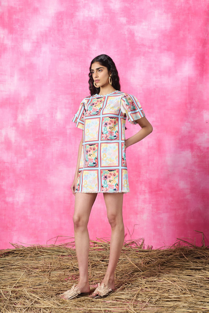 Multicolor Printed Denim Mini Shift Dress