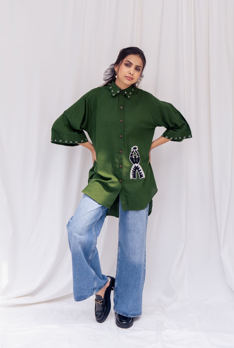 Green Oversized Kala Cotton Shirt with Applique Detail