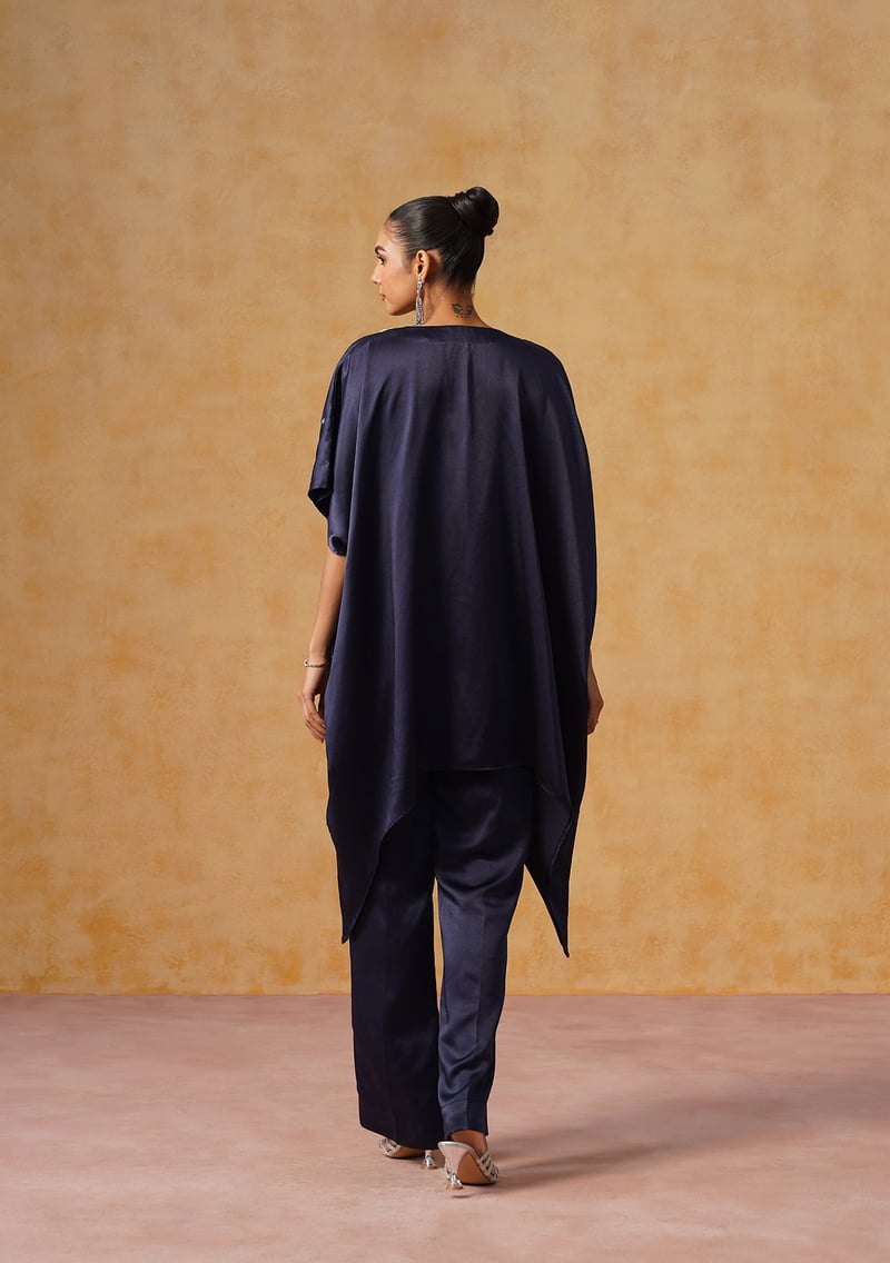 Navy Satin Embellished Kaftan Co-ord Set with Pants