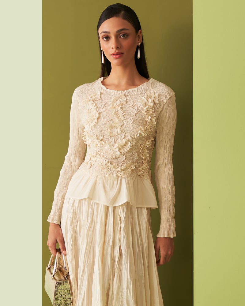Ivory Textured Top and Pleated Midi Skirt Co-ord Set