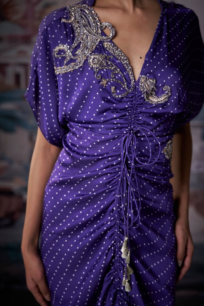 Purple Satin Printed Ruched Kaftan with Plunging Neck