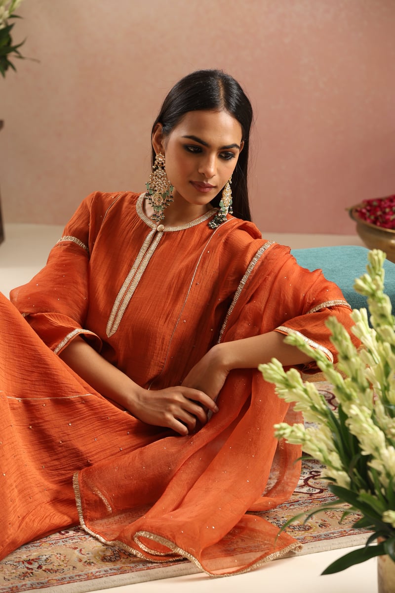 Burnt Orange Silk Chanderi Kurta Set with Gota Trim