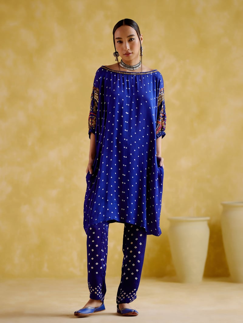 Blue Bandhani Print Tunic and Pants Co-ord Set
