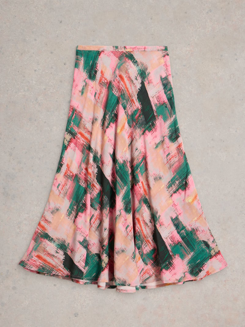 Pink Abstract Printed Bias-Cut Maxi Skirt