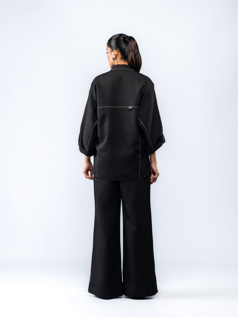 Black Embroidered Shirt and Wide-Leg Pant Co-ord Set