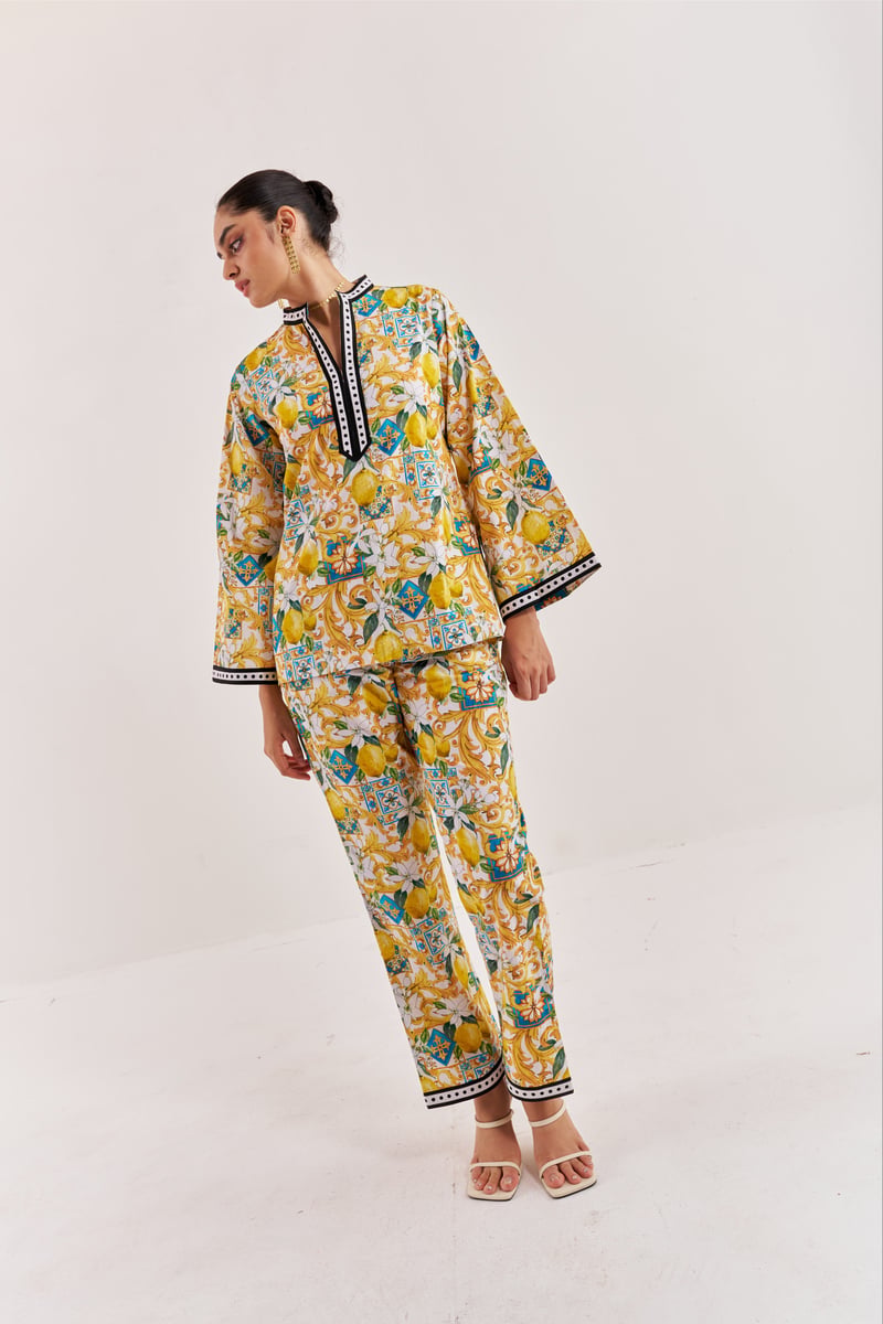 White and Yellow Lemon Print Co-ord Set with Mandarin Collar