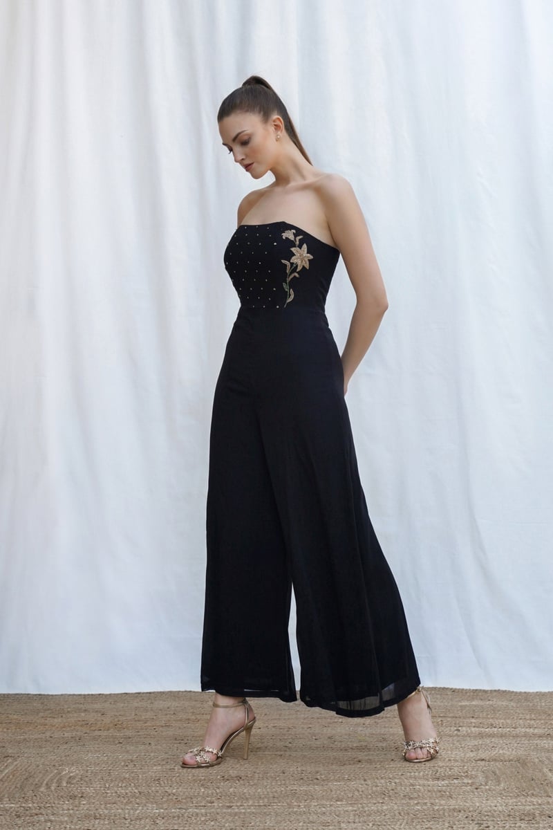 Black Strapless Beaded Tube Wide-Leg Jumpsuit