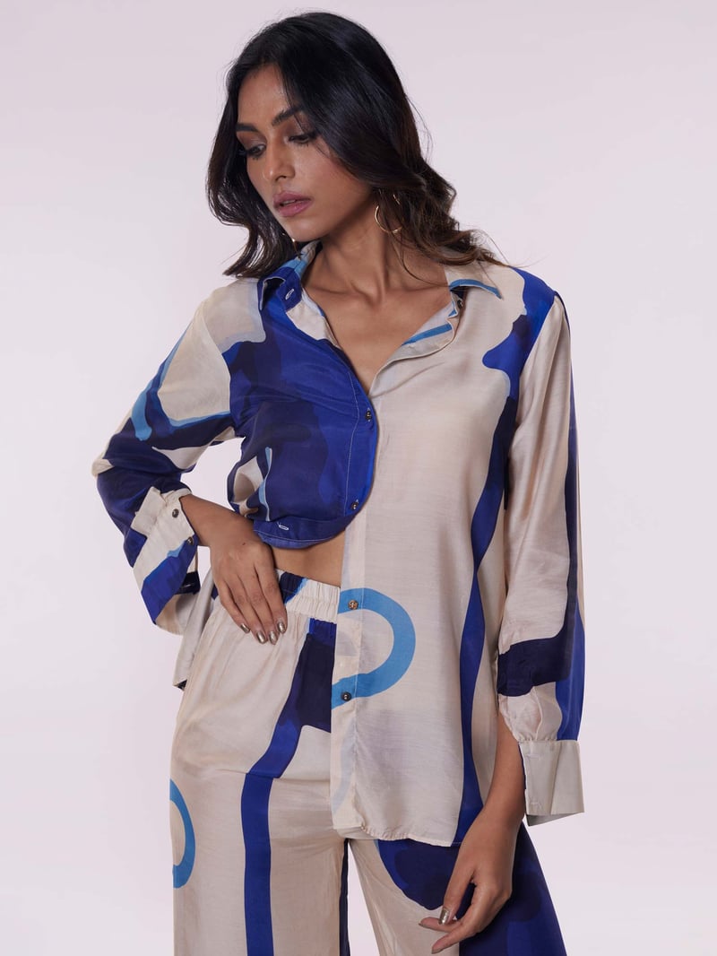 Blue Abstract Printed Shirt and Wide-Leg Pants Co-ord Set