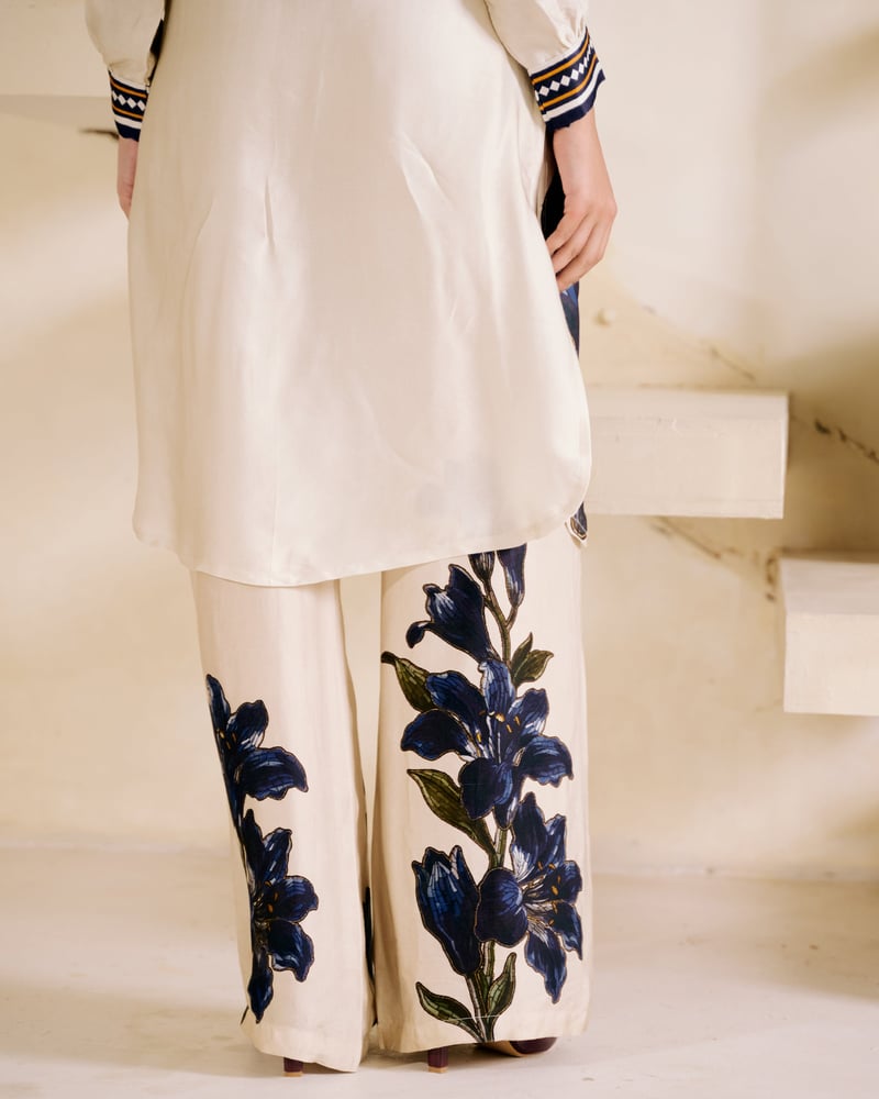 Beige High-Waist Wide-Leg Satin Trousers with Floral Print