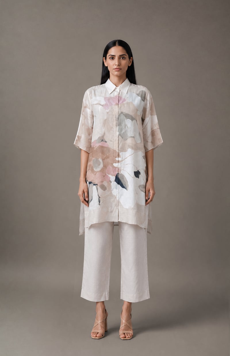 White/Beige Abstract Print Shirt and Pant Co-ord Set — CLOS