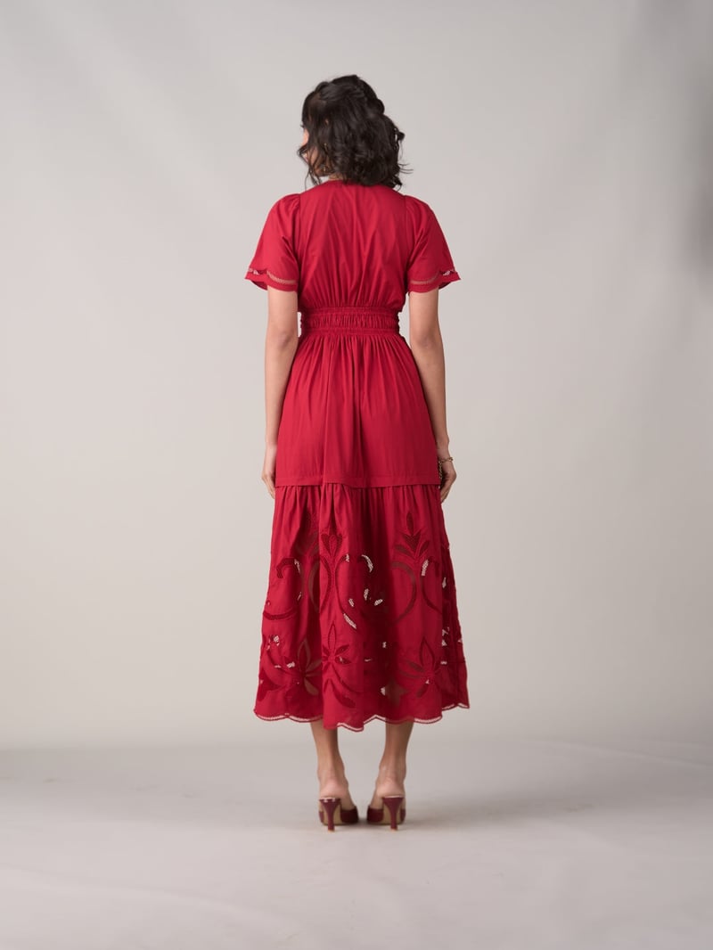 Red Cutwork Tiered Maxi Dress with Smocked Waist