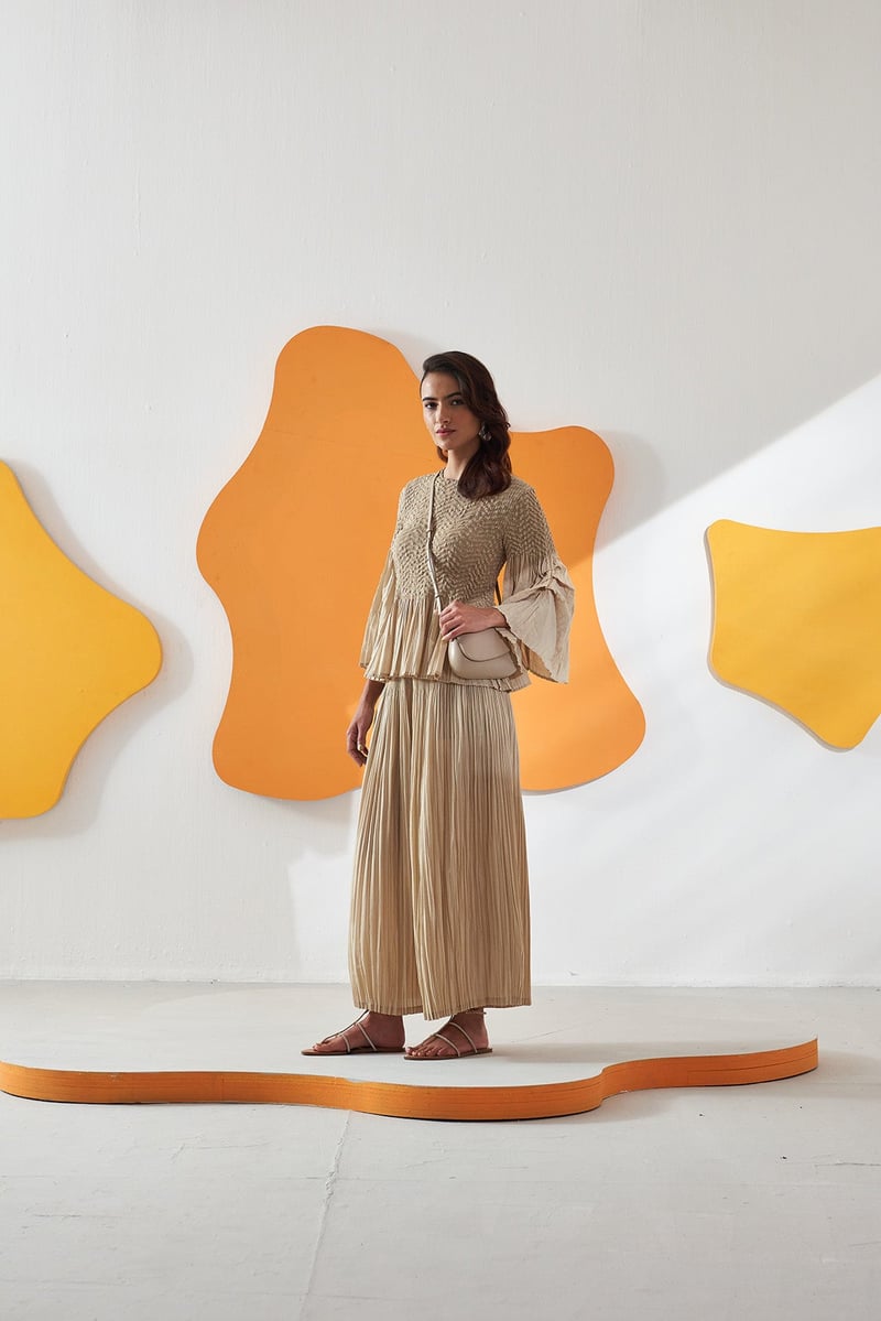 Beige Smocked Peplum Top and Pleated Pants Co-ord Set